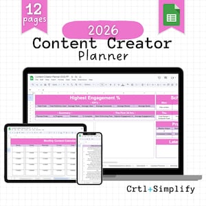 Planificateur de créateurs de contenu 2026 | Tableau de bord et analyse du contenu des réseaux sociaux (Google Sheets)