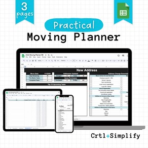 May include: A digital moving planner displayed on a laptop, tablet, and smartphone. The planner includes sections for addresses, tasks, and essential changes. The text "Practical Moving Planner" is displayed above the devices.