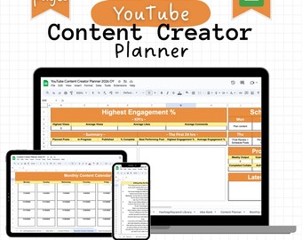 May include: A digital YouTube Content Creator Planner displayed on a laptop, tablet, and smartphone. The planner includes sections for tracking engagement, content calendars, and keyword libraries. The image also includes the text "12 pages" and "Crtl+Simplify".