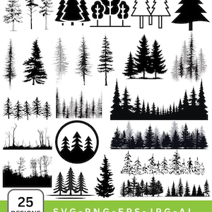 May include: A collection of 25 black and white tree designs in various styles, including silhouettes and detailed illustrations. The image includes text that reads "25 DESIGNS" and "SVG-PNG-EPS-JPG-AI".