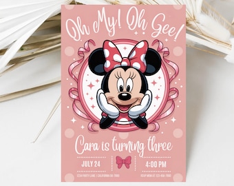 Editable Oh My Oh Gee! Minnie Mouse Themed Birthday, Girl Turning Three, Pink Bow Themed Bday Party Invite, Printable Canva Digital Download
