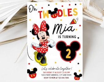 Oh Twodles Birthday Invitation: Mouse Theme, Red, Yellow, Black (5x7 Digital Template)