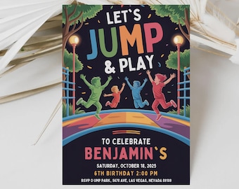 Trampoline Park Birthday Invitation, Neon Glow Bounce House (Canva Template)