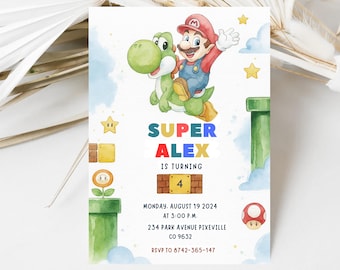 Invitación de cumpleaños editable de Super Mario en acuarela, invitación de cumpleaños para niño y niña de Nintendo para cualquier edad, invitación moderna del juego Mario Bross CANVA