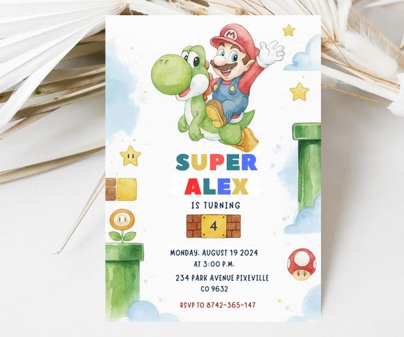 Editable Watercolor Super Mario Birthday Invitation, ANY AGE Nitendo Boy Girl Birthday Invite, Modern Mario Bross Game Invitation CANVA