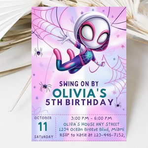 Bewerkbare Ghost Spider verjaardagsuitnodiging, Spidey verjaardagsuitnodiging, Spidey verjaardagskaart, Ghost Spider uitnodigen, Gwen verjaardagsfeestje downloaden