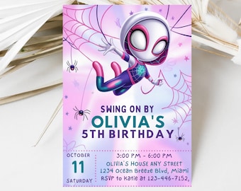 Bewerkbare Ghost Spider verjaardagsuitnodiging, Spidey verjaardagsuitnodiging, Spidey verjaardagskaart, Ghost Spider uitnodigen, Gwen verjaardagsfeestje downloaden