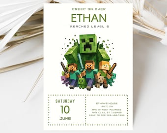 Editable Minecrrafter Birthday Invitations, Size 5X7, Video Game Birthday Invitation, Birthday Card, Girl Boy Birthday, Digital Invite