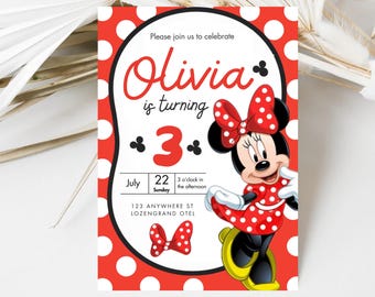 Editable Minnie Mouse Birthday Invitation,, Girl Turning Three, Red Bow Themed Bday Party Invite, Printable Canva Digital Download