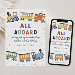 Könnte beinhalten: Eine Geburtstagseinladung mit einem Zug-Thema. Die Einladung lautet "ALL ABOARD" in bunten Buchstaben, mit dem Text "Please join us in celebrating Nathan's 3rd Birthday". Die Einladung hat einen weißen Hintergrund mit Zugillustrationen und Sternen.