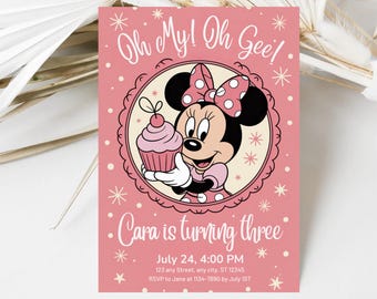 Editable Oh My Oh Gee! Minnie Mouse Themed Birthday, Girl Turning Three, Pink Bow Themed Bday Party Invite, Printable Canva Digital Download