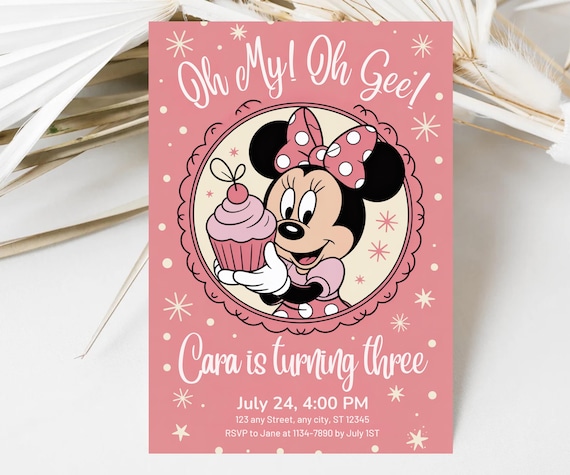 Editable Oh My Oh Gee! Minnie Mouse Themed Birthday, Girl Turning Three, Pink Bow Themed Bday Party Invite, Printable Canva Digital Download