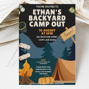 Camping Geburtstagseinladung: Campen unter den Sternen (5x7 Digital Download Canva Template)