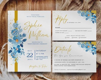 Blue Wildflower Spring Wedding Invitation Set (Printable)