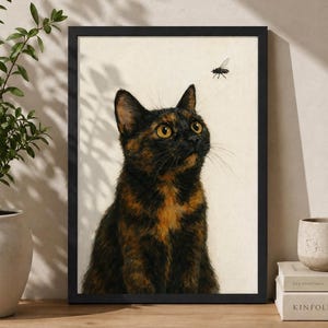 May include: A framed print of a tortoiseshell cat looking up at a fly. The cat has black and ginger fur and yellow eyes. The artwork is displayed on a wooden surface with a neutral background.