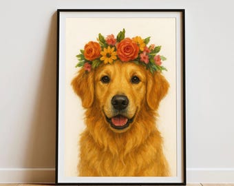 Golden retriever wearing a flower crown art print - Various sizes