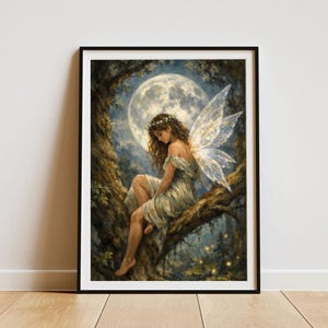 Op de afbeelding: Een ingelijste print van een fee die op een tak zit onder een volle maan. De fee heeft lang bruin haar, een bloemenkrans en doorschijnende vleugels. Ze draagt een lichtgroene jurk. De achtergrond toont een boslandschap.