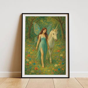 Grillig bos met fee en eenhoorn - Kunstafdruk in schilderstijl - Verschillende maten
