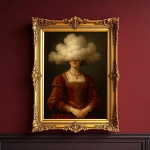 May include: A portrait in an ornate gold frame, depicting a woman in a red dress with a cloud obscuring her head. The artwork hangs on a dark red wall. The woman is wearing a gold necklace.