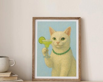 Estampado de gato divertido y peculiar: Gato blanco con cóctel Margarita - Varios tamaños