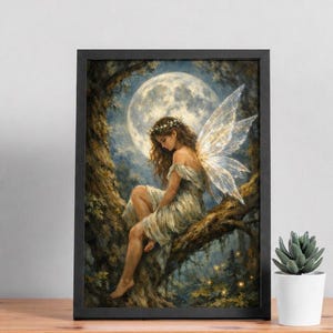 Ethereal fairy in a moonlit forest - Painting style art print A5/A4/A3