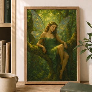 Può includere: Una stampa artistica incorniciata raffigura una fata serena con grandi ali iridescenti, vestita con un abito verde, seduta su un ramo d'albero. L'opera d'arte è ambientata in una lussureggiante foresta verde, con una cornice di legno. La stampa è esposta su una superficie di legno.