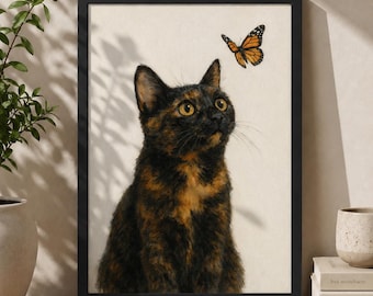 Gato carey observando una mariposa - Impresión artística estilo pintura - Varios tamaños