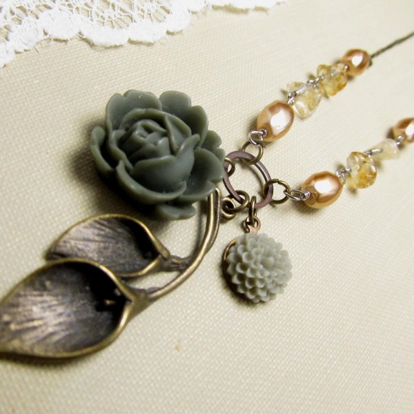 Morning Glory Tulip Necklace  Antique Champagne Beads Vintage Inspired  Resin Flowers