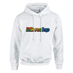 May include: White hooded sweatshirt with a front pocket and drawstring. The sweatshirt features the word "Microslop" in colorful block letters across the chest. The brand name "Gildan" is visible on the hood.