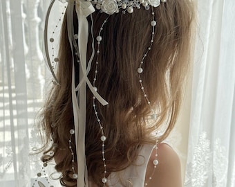 Hoofddeksel eerste communie, parelkleurige bloemenkroon, haarkrans van kristal, hoofdband bloemenmeisje, ivoren halokroon