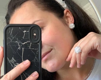 Diadema nupcial, pendientes, collar y anillo. Elegantes accesorios nupciales, tocado de boda de cristal, conjunto de joyería de cristal.