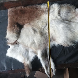 Norwegian reindeer skin hide pelt natural real leather long hair area rug carpet warm soft medical healing chair seat bench pad cushion.