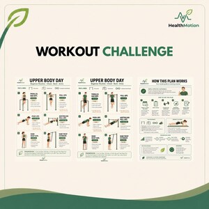 Puede incluir: Una guía de entrenamiento con el título "WORKOUT CHALLENGE" con diagramas de ejercicios para la parte superior del cuerpo. La guía presenta instrucciones para ejercicios como dominadas, flexiones y fondos en barras paralelas. El logotipo de HealthMotion es visible.
