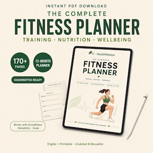 Puede incluir: Un planificador de fitness digital en una tableta con un lápiz óptico. La pantalla muestra el título The Complete Fitness Planner, el logotipo de HealthMotion y la ilustración de una persona corriendo. El texto incluye 170+ pages, 12-month planner y Goodnotes ready.