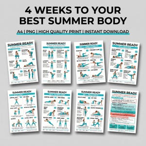 Summer Body Workout Plan for Women | 4-Week Home Fitness Printable | Illustrated Exercise Poster | Glute Legs Arms Core Cardio | Digital PDF