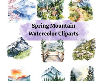 Pacchetto di clipart acquerello di montagna primaverile / paesaggio naturale PNG (27 pagine)