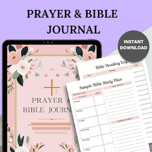 Op de afbeelding: Een digitaal gebeds- en Bijbeljournaal met een roze bloemenontwerp. Het journaal bevat een voorbeeld Bijbelstudieplan en een Bijbelleeslogboek. De woorden "Prayer & Bible Journal" staan op de omslag.