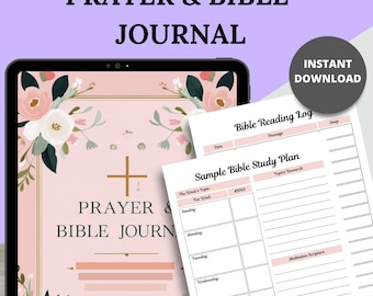May include: A digital prayer and Bible journal with a pink floral design. The journal includes a sample Bible study plan and a Bible reading log. The words "Prayer & Bible Journal" are displayed on the cover.