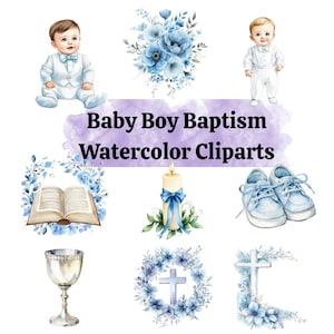Può includere: Set di clipart ad acquerello per il battesimo di un bambino. Include illustrazioni di un bambino, composizioni floreali blu, una bibbia, una candela, scarpine, un calice e una croce. Il testo recita "Baby Boy Baptism Watercolor Cliparts."