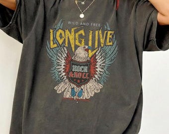 Vintage Long Live Rock and Roll Eagle Graphic T-Shirt Acid Wash Distressed Charcoal Grey Oversized Concert Band Style Streetwear Top Retro