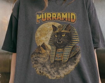 Vintage Cat Shirt Funny Egyptian Cat T-shirt Retro 80s Graphic Tee Cat Mom Gift Oversized Aesthetic Clothing Purramid Pharaoh Shirt Goth