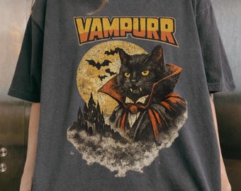 Vampire Cat T-Shirt Vampurr Vintage Horror Cat Shirt Funny Dracula Cat Tee Retro 80s Aesthetic Cat Lover Gift Gothic Halloween Cat Shirt