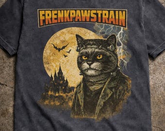 Frankenstein Cat T-Shirt Vintage Horror Cat Shirt Funny Frankencat Tee Retro 80s Aesthetic Cat Lover Gift Gothic Halloween Cat Clothing