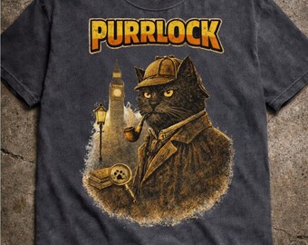 Sherlock Purrlock Cat T-Shirt – Vintage Detective Black Cat Tee, Victorian London Mystery Art, Retro Distressed Ink Print, Cat Lover Gift