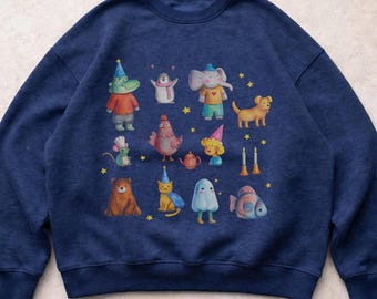 Cute Watercolor Animal Sweatshirt, Whimsical Storybook Illustration Crewneck, Cozy Cottagecore Aesthetic Pullover, Unisex Gift for Art Lover