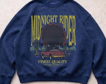 Midnight Rider Sweatshirt Vintage Western Truck Crewneck Retro Desert Graphic Pullover 90s Grunge Style Oversized Top Unisex Gift