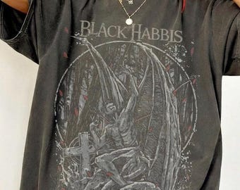 Vintage Gothic Demon Graphic Tee, Dark Fantasy Fallen Angel Acid Wash T-Shirt, Grunge Occult Horror Streetwear Top, Edgy Oversized Shirt