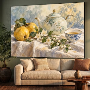 Vintage blommig tekanna med kvittenfrukt på canvas, klassisk stillebenväggkonst, botanisk tedekoration, elegant heminredning på canvas