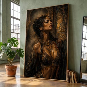 Elegant Belly Dancer Portrait Canvas, Bohemian Style Woman Wall Art, Exotic Fashion Decor, Mystical Golden Accents Canvas