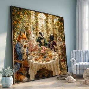 Elegant canvas med djurmotiv, vintage trädgårdsscen, blommig bordsdukning, nyckfull väggkonst med vilda djur, utsmyckad heminredning